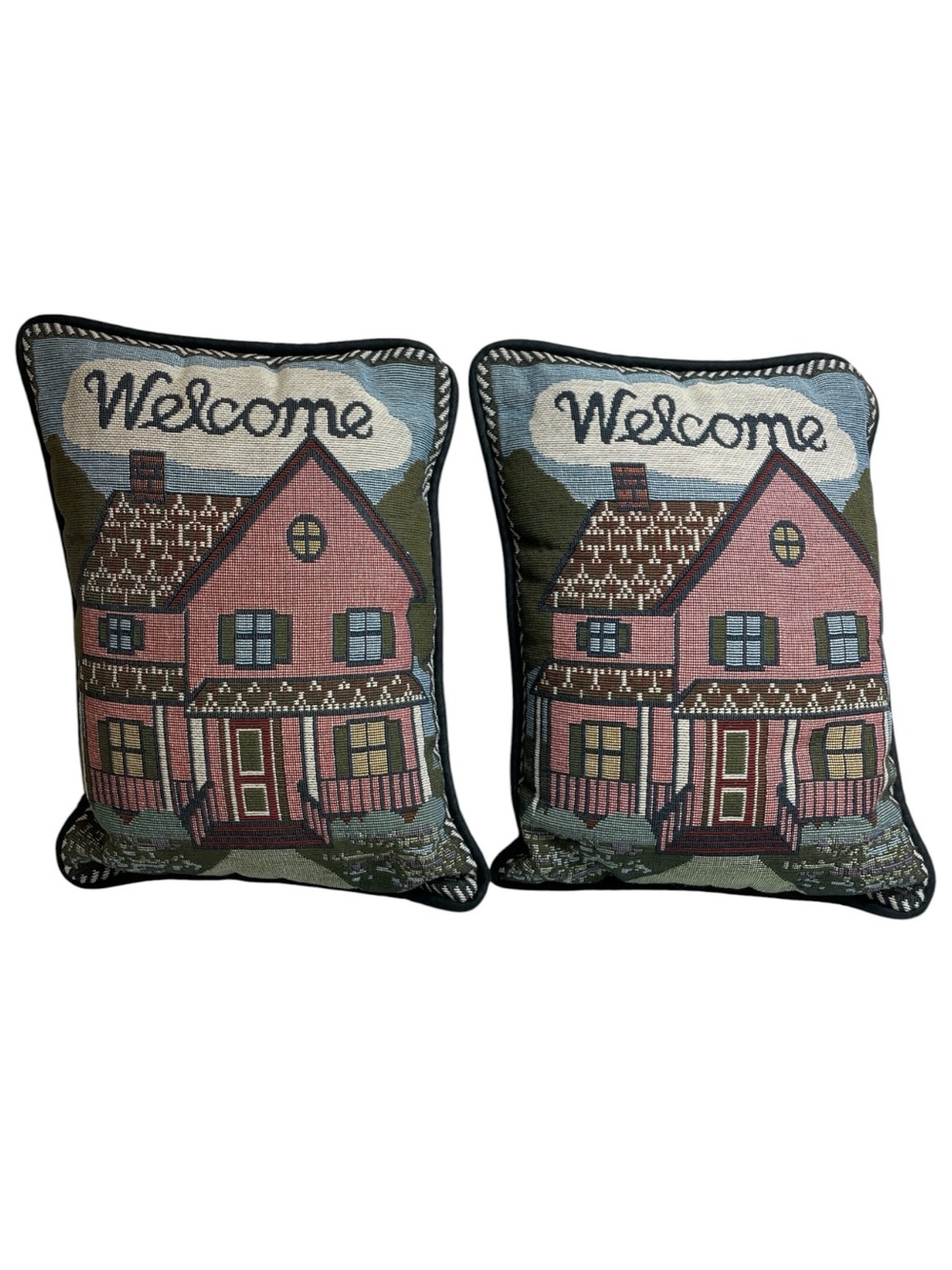 Vtg 90s Country Cottage Welcome Woven Tapestry Pillows - Pair of 2 VGC 10x8